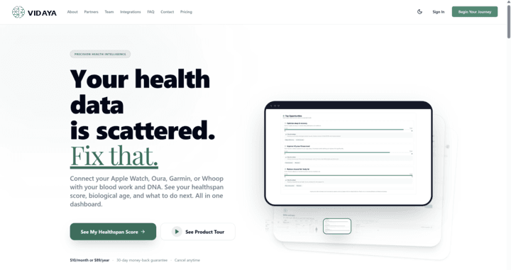 Vidaya dashboard showing biomarker trends and health score